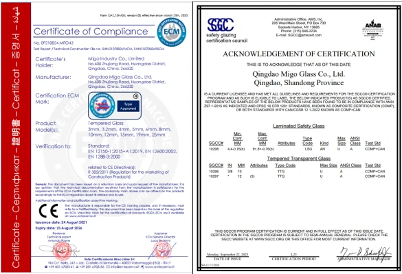 Migo Tempered glass certificates Migo Tempered glass certificates